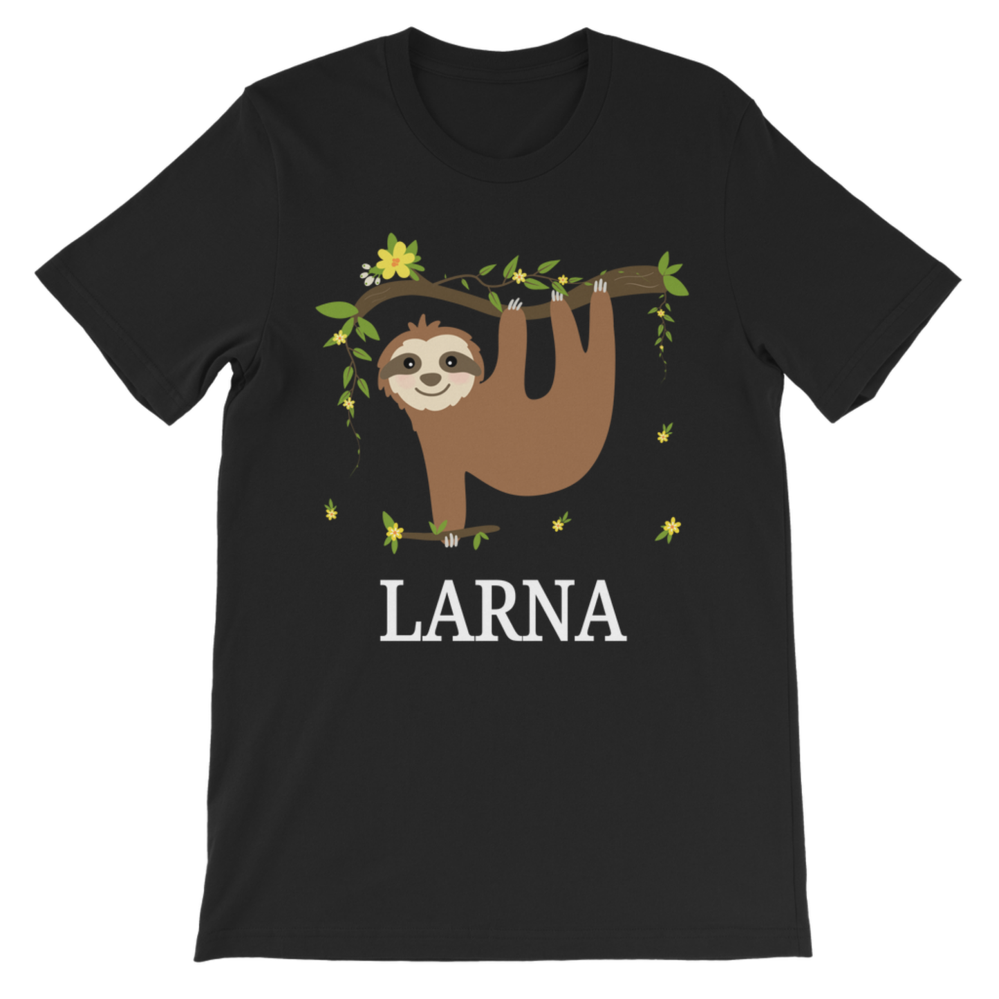 Black personalised girls sloth T-shirt featuring a smiling sloth hanging from a leafy branch with yellow flowers and the name Larna printed underneath