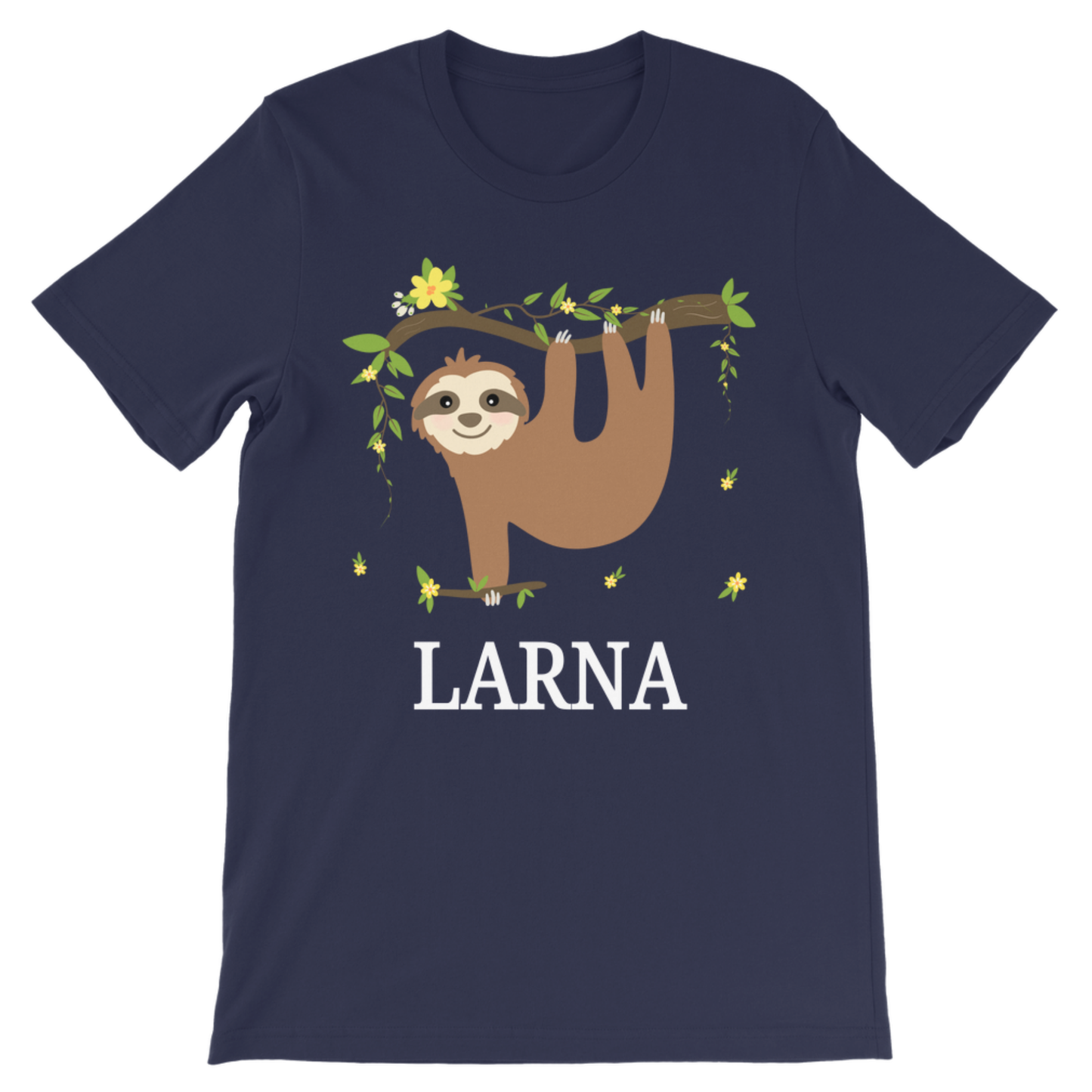 Navy personalised girls sloth T-shirt featuring a smiling sloth hanging from a leafy branch with yellow flowers and the name Larna printed underneath