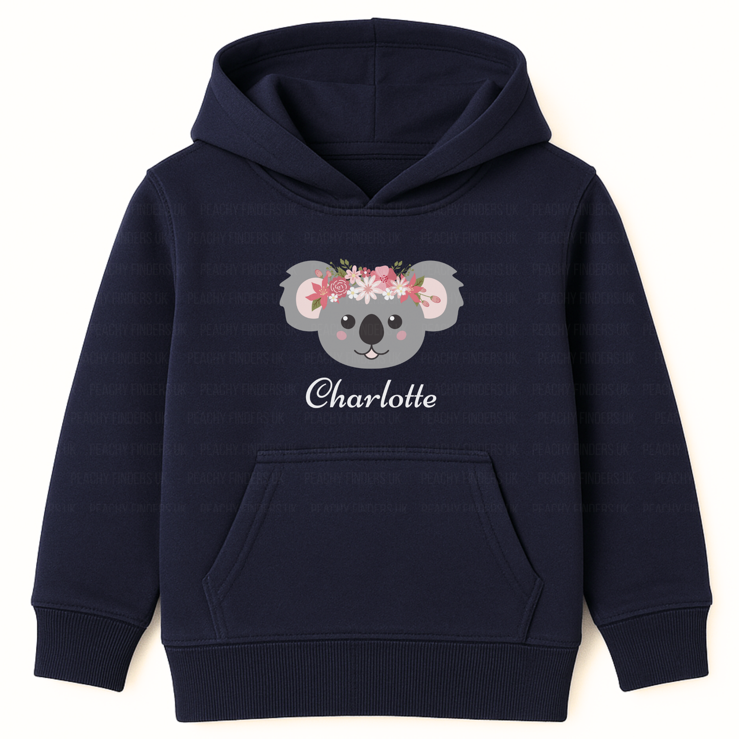 Navy girls personalised hoodie featuring a cute koala face wearing a floral crown with pink and white flowers, customised with the name.