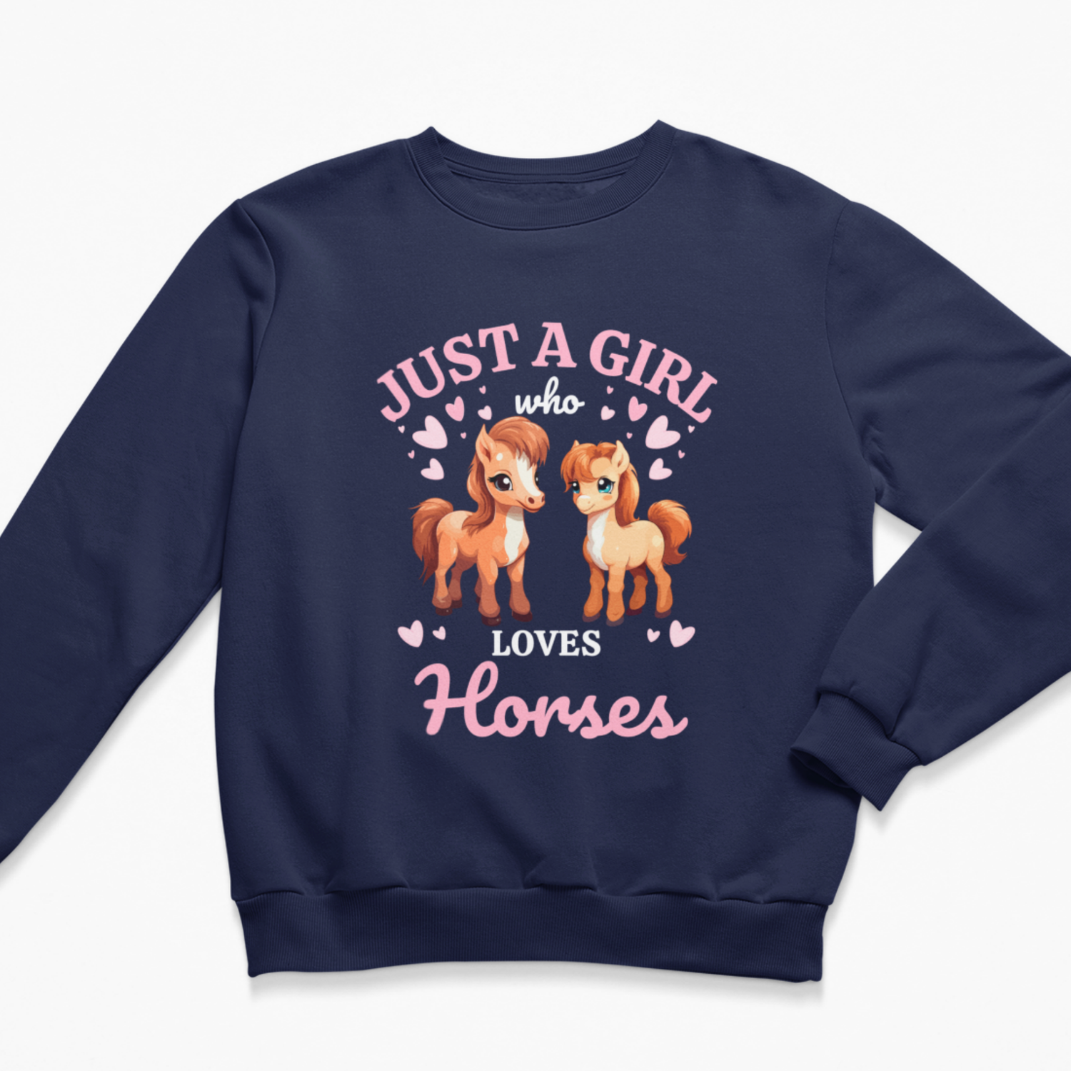 Navy girls’ Just a Girl Who Loves Horses sweatshirt featuring two illustrated ponies and pink lettering.