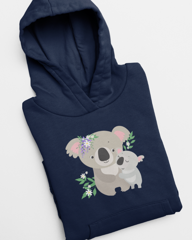 Folded navy girls koala hoodie showing floral koala front print