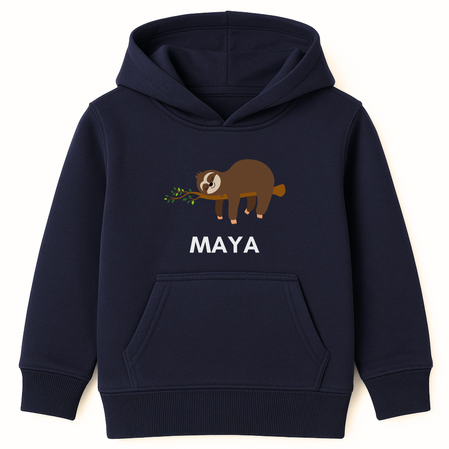 Girls custom name sloth hoodie in navy with sleeping sloth design and girls name