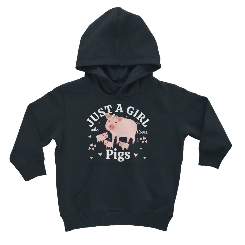 Navy hoodie with pink pig design and text on a white background