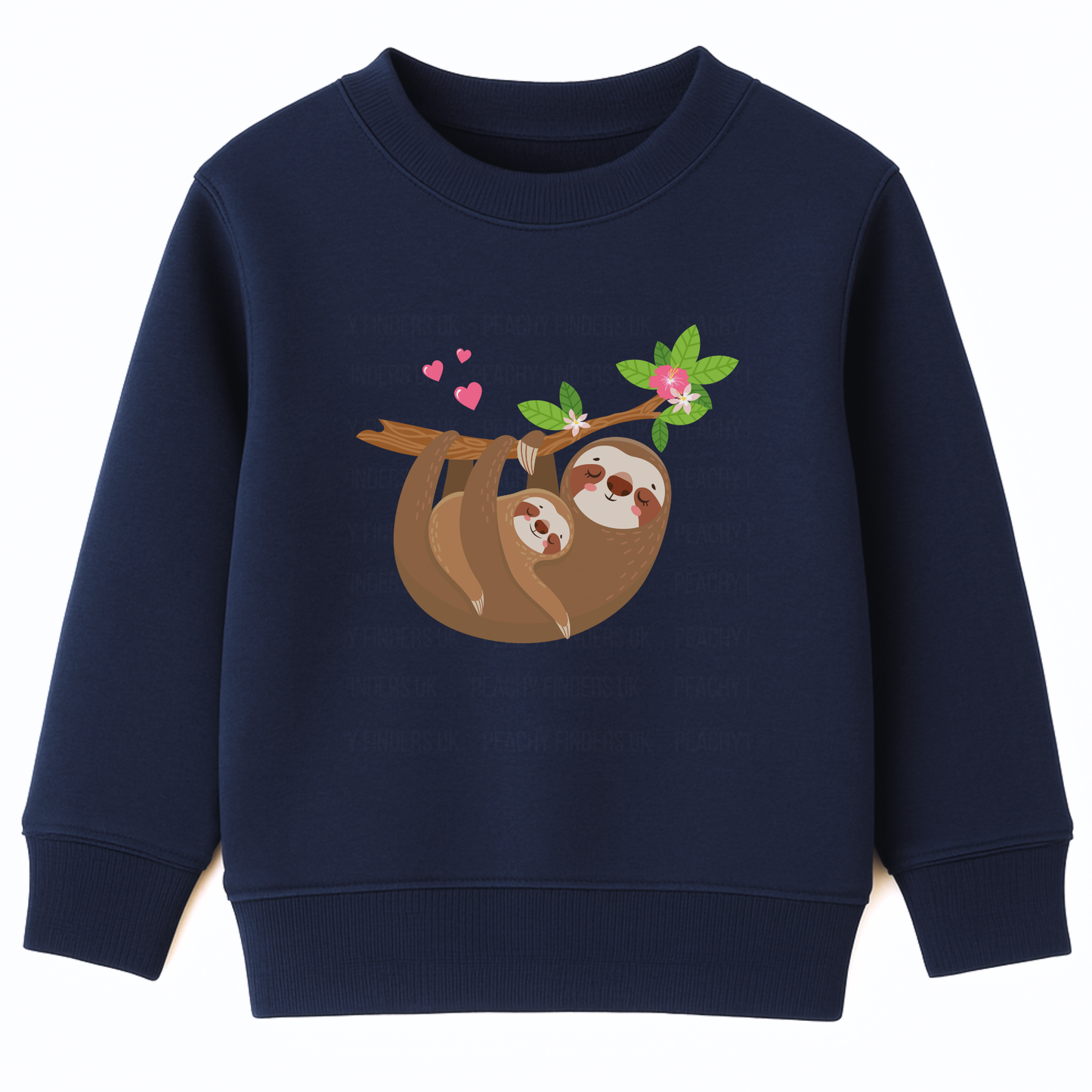 Navy girls sweatshirt featuring a cute sloth cuddling a baby sloth on a branch with flowers and hearts.