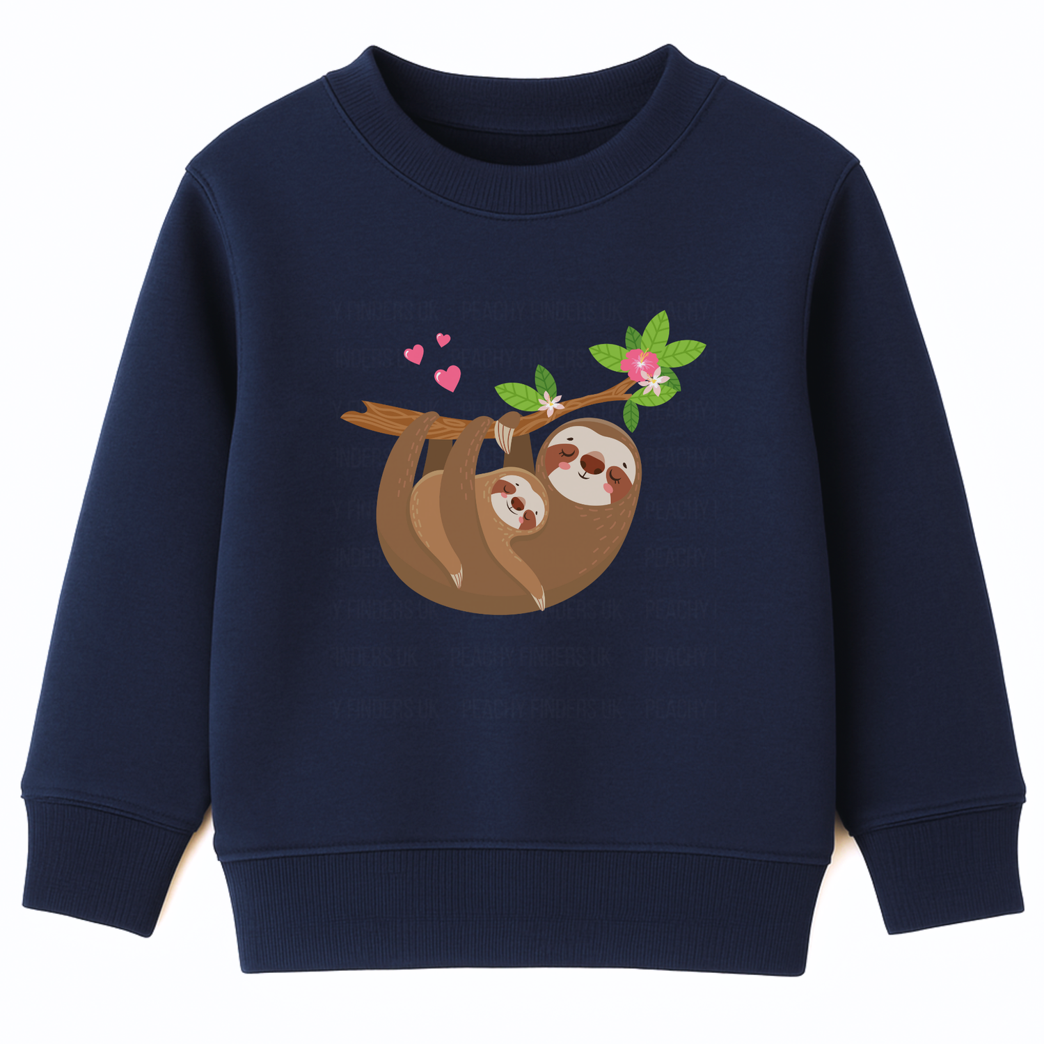 Navy girls sweatshirt featuring a cute sloth cuddling a baby sloth on a branch with flowers and hearts.