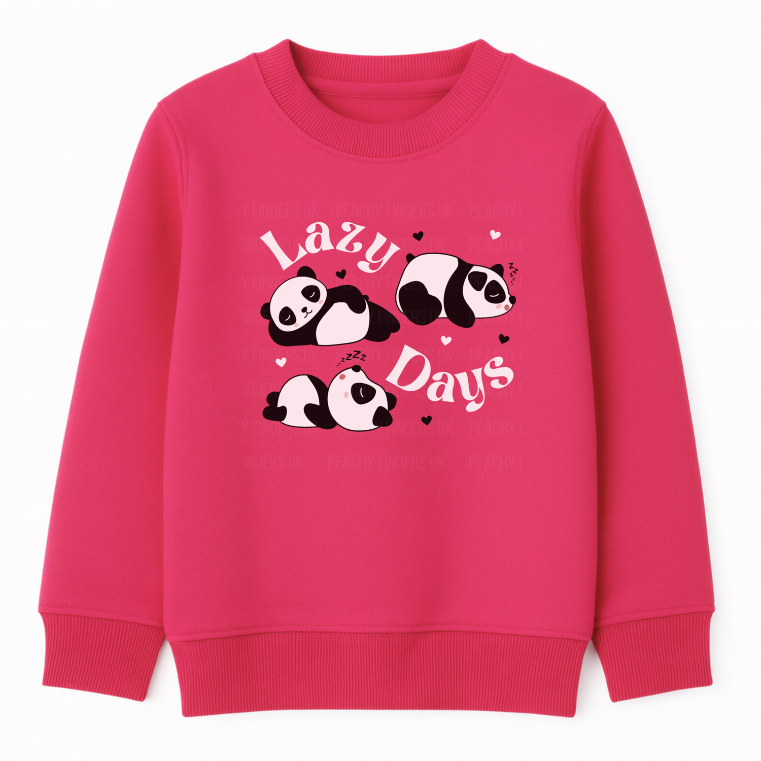 Girls hot pink sweatshirt with three pandas snoozing and the words “Lazy Days” surrounded by hearts