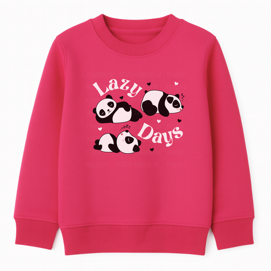 Girls hot pink sweatshirt with three pandas snoozing and the words “Lazy Days” surrounded by hearts