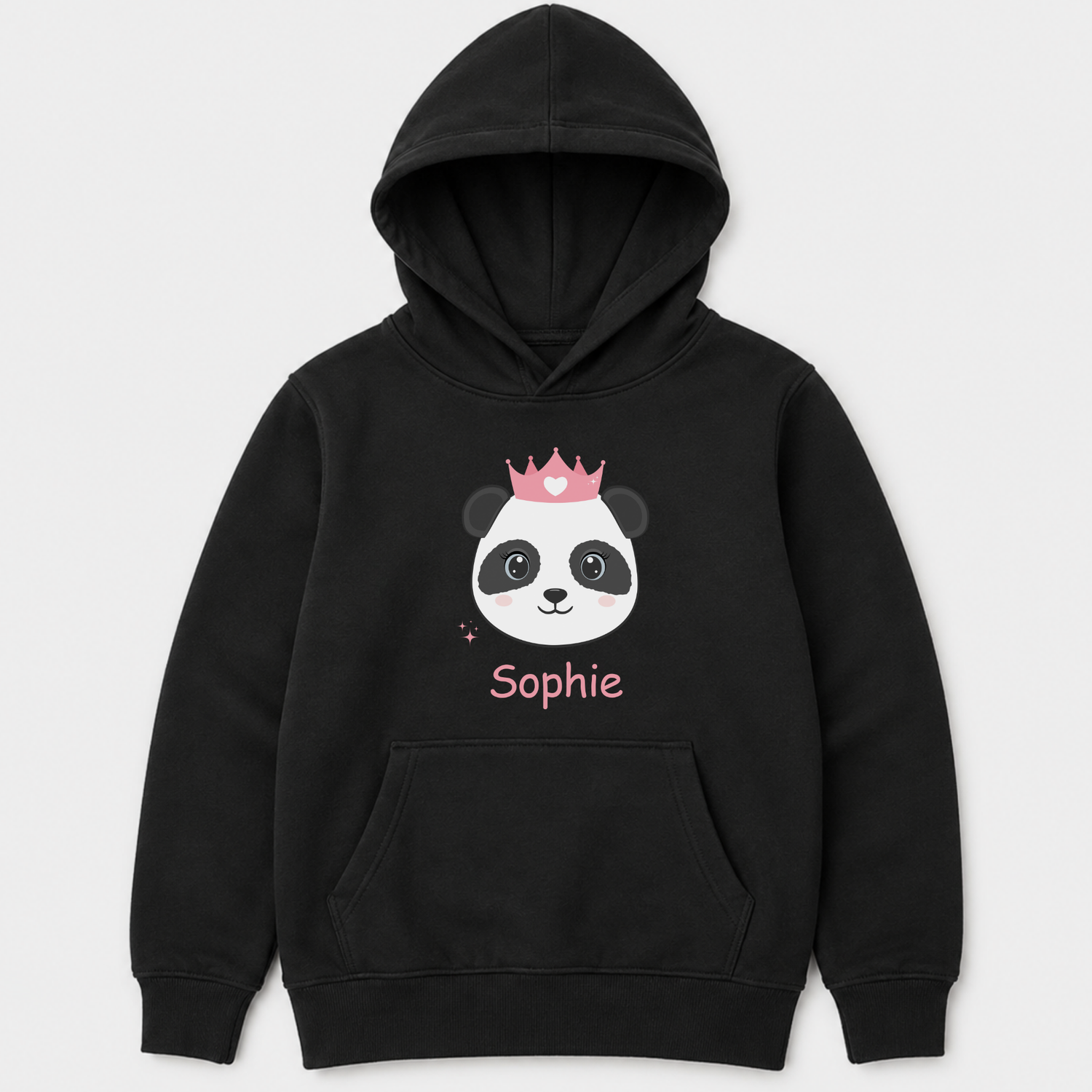 Kids black pullover hoodie with a printed graphic of a cute panda wearing a pink crown and custom name 'Sophie' printed underneath the design - flat lay product image