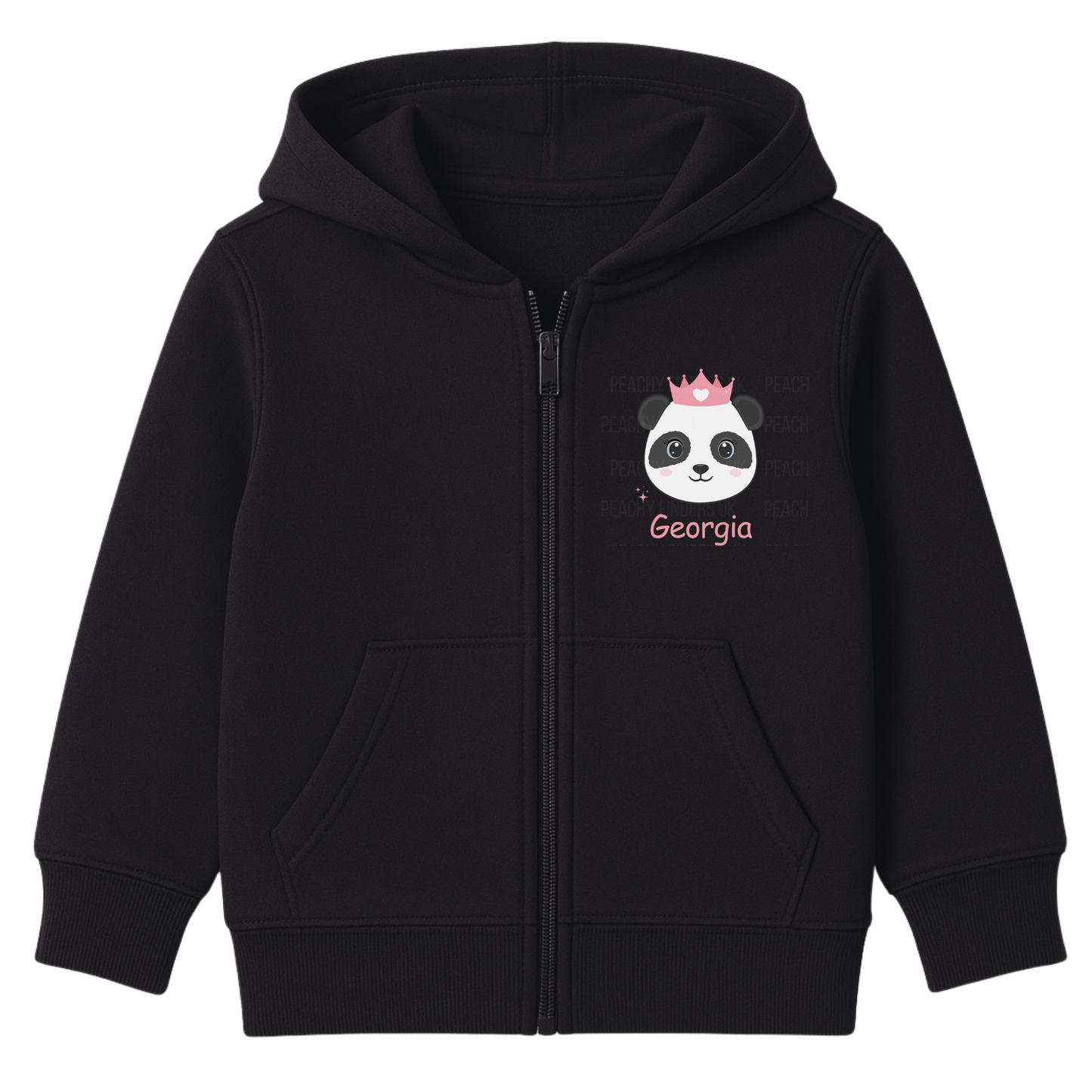 Kids black zip hoodie with personalised panda princess design and custom name, featuring a cute panda wearing a pink crown.