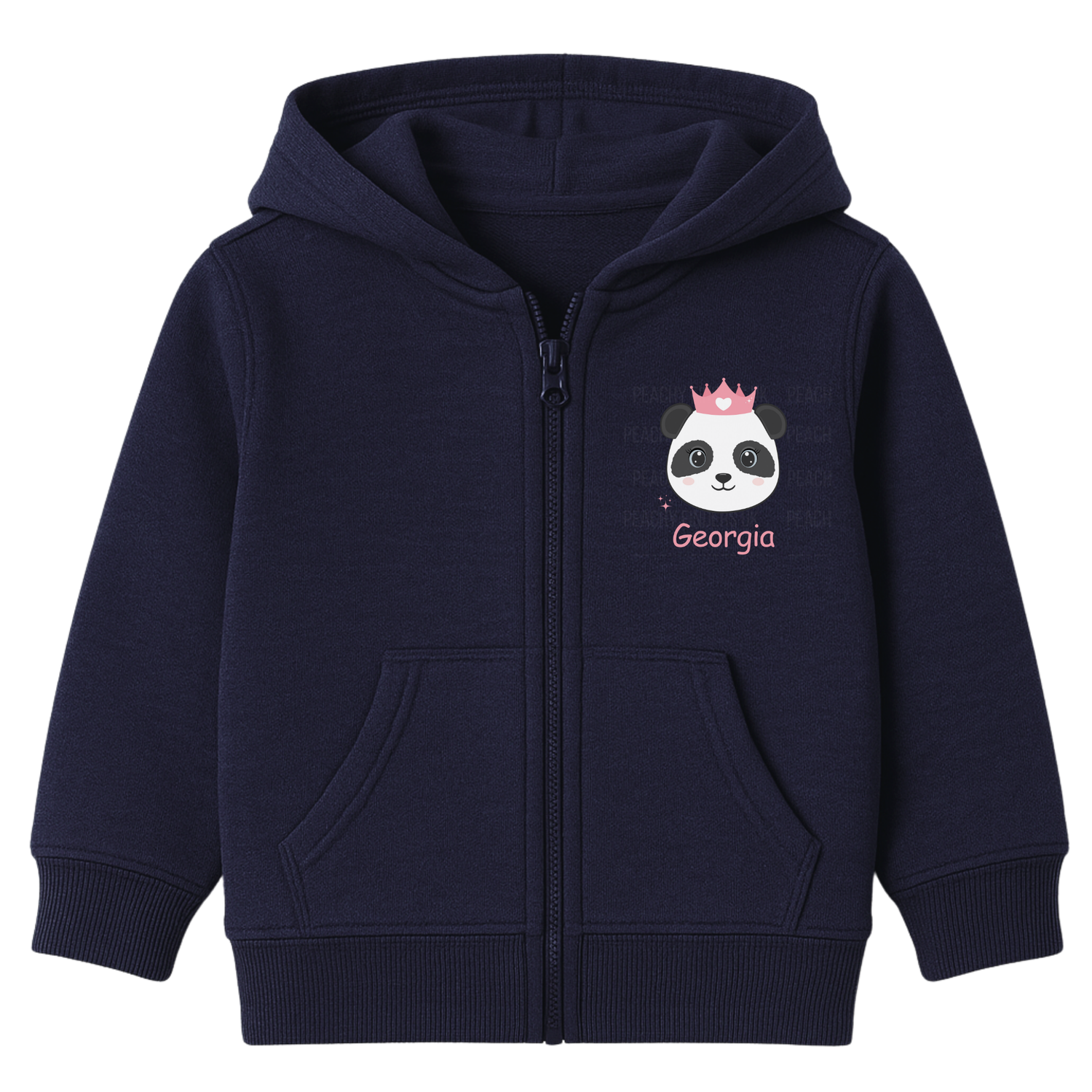 Kids navy zip hoodie with personalised panda princess graphic and custom name, featuring a crowned panda character.