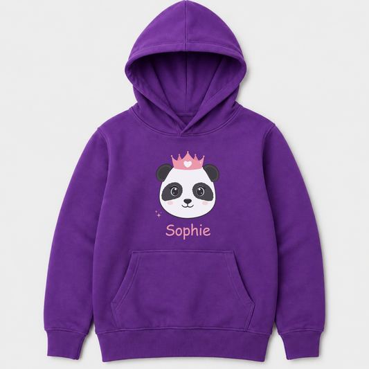 Kids purple hoodie with a cute crowned panda design and custom name 'Sophie' printed underneath - flat lay product image