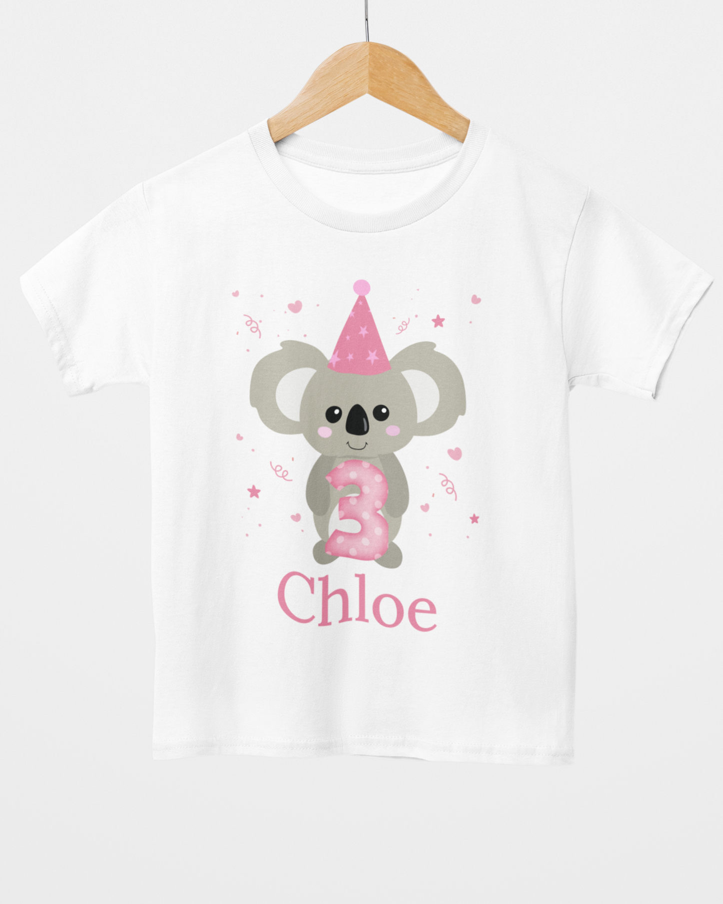 Personalised 3rd birthday koala t-shirt for girls with custom name Chloe on wooden hanger