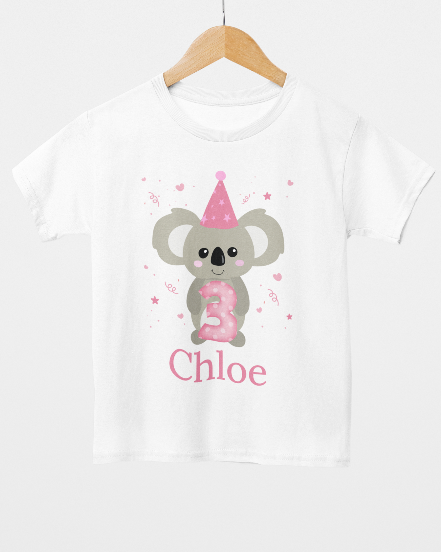 Personalised 3rd birthday koala t-shirt for girls with custom name Chloe on wooden hanger