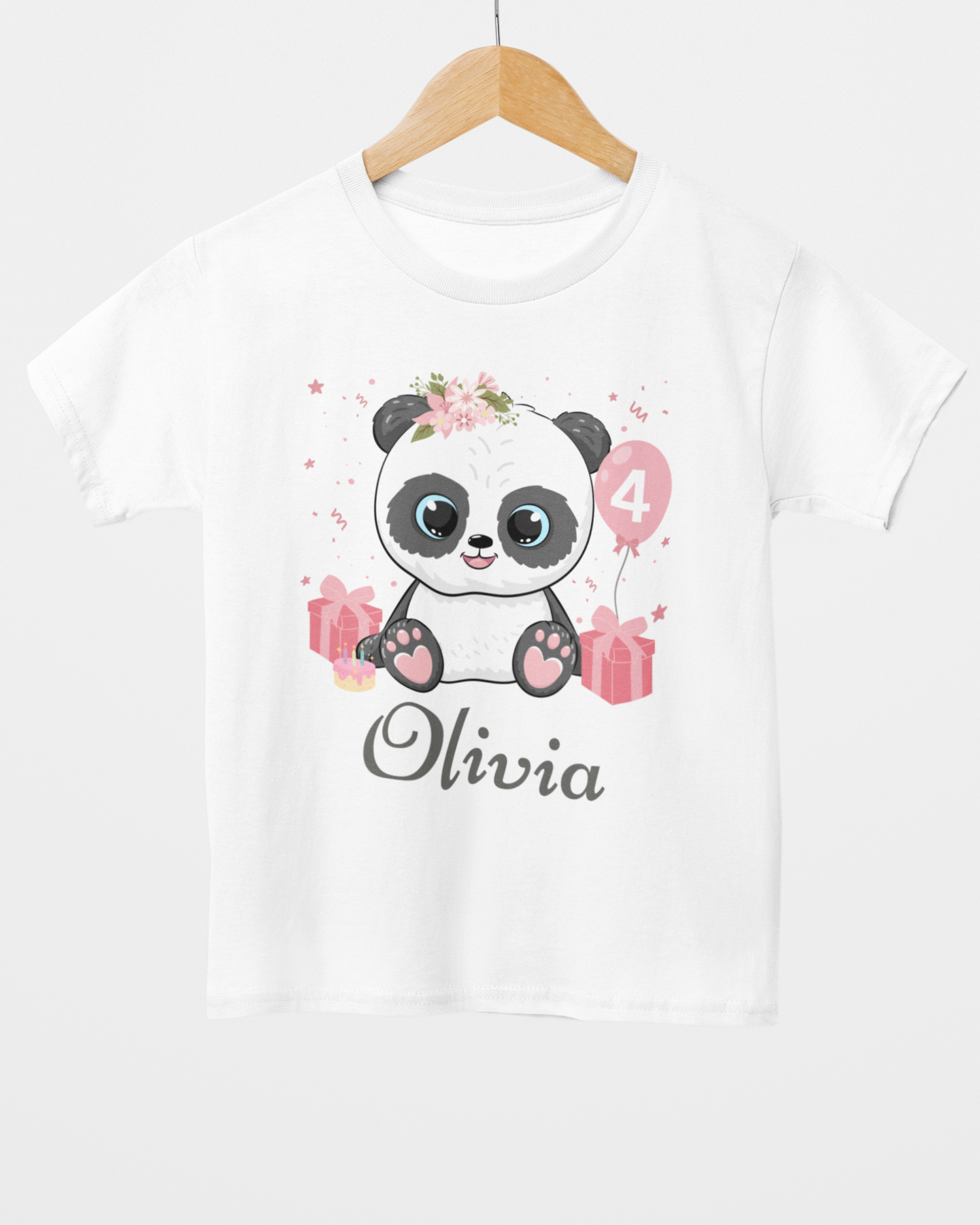 Personalised floral panda 4th birthday t-shirt for girls with name Olivia, white custom panda birthday shirt on hanger front view