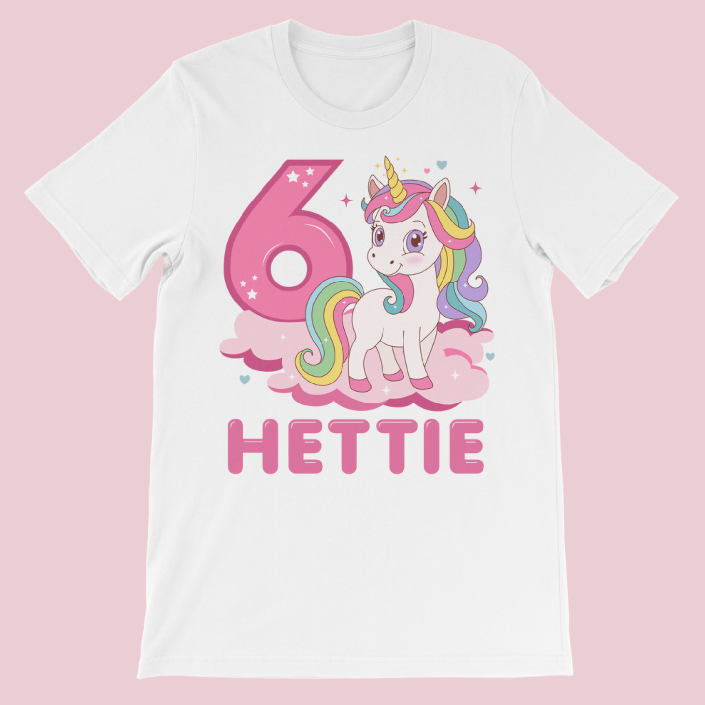 Girls personalised 6th birthday unicorn t-shirt Hettie, white kids birthday shirt with pastel unicorn and pink number design flat lay