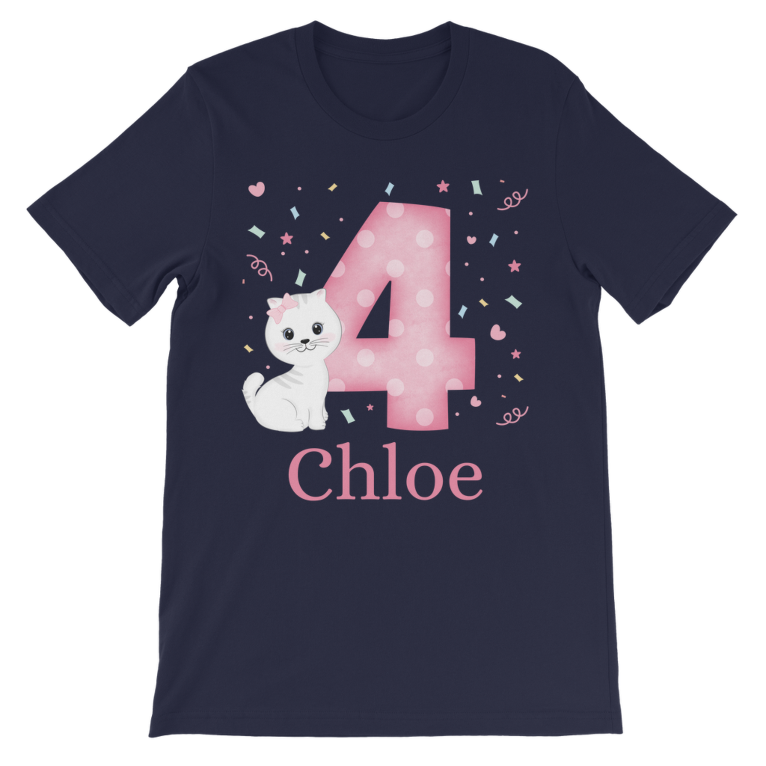 Personalised girls navy 4th birthday t-shirt featuring pink polka dot number 4 and white kitten illustration, name Chloe printed below, flat product image on a plain background