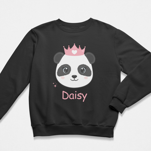 Kids black sweatshirt with a panda wearing a pink crown and the name 'Daisy' on a white background