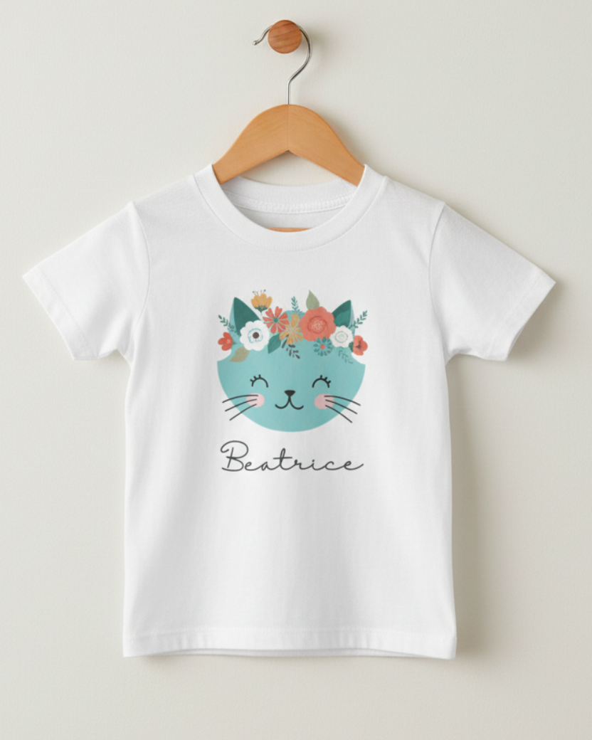 Children’s white personalised cat t-shirt with floral crown illustration and name Beatrice hanging on wooden hanger