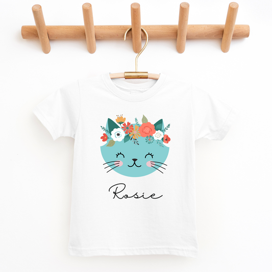 Girls personalised white short sleeve t-shirt with printed blue cat and flowers