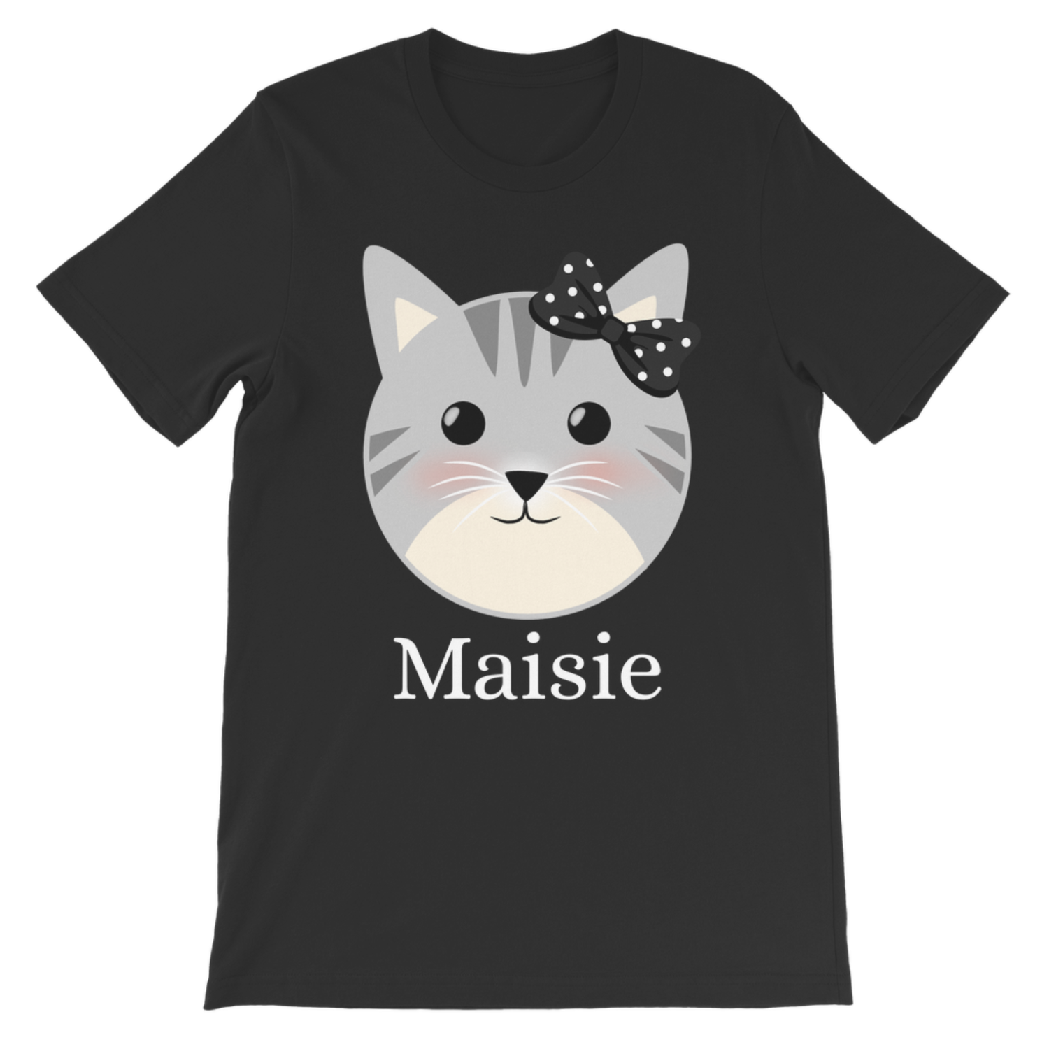 Girls custom name black t-shirt featuring a grey kitten face and black polka-dot with girls name printed underneath the design