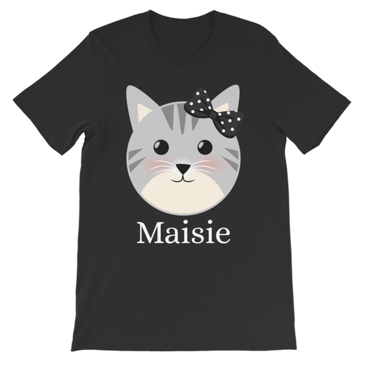 Girls custom name black t-shirt featuring a grey kitten face and black polka-dot with girls name printed underneath the design