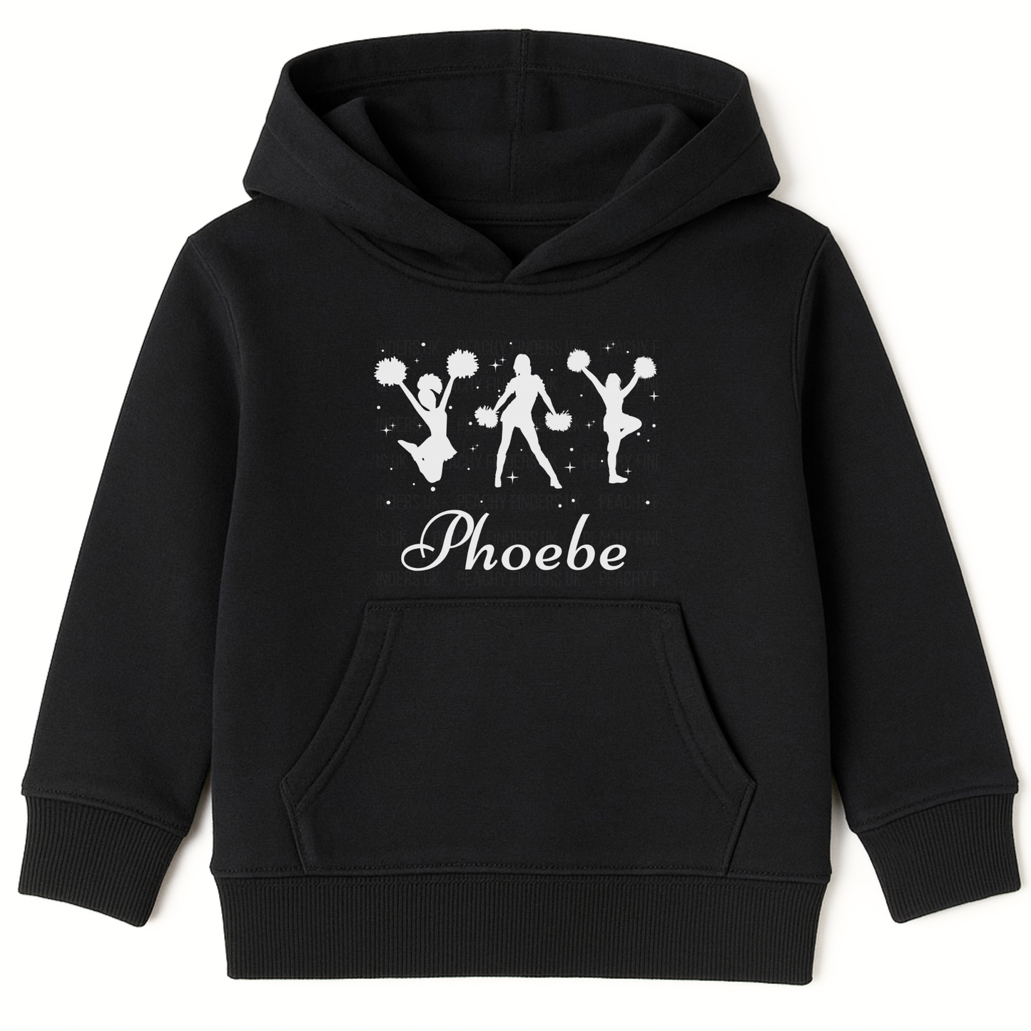 Girls cheerleading hoodie in black featuring three white pom-pom cheerleader silhouettes and the name ‘Phoebe’ across the chest.