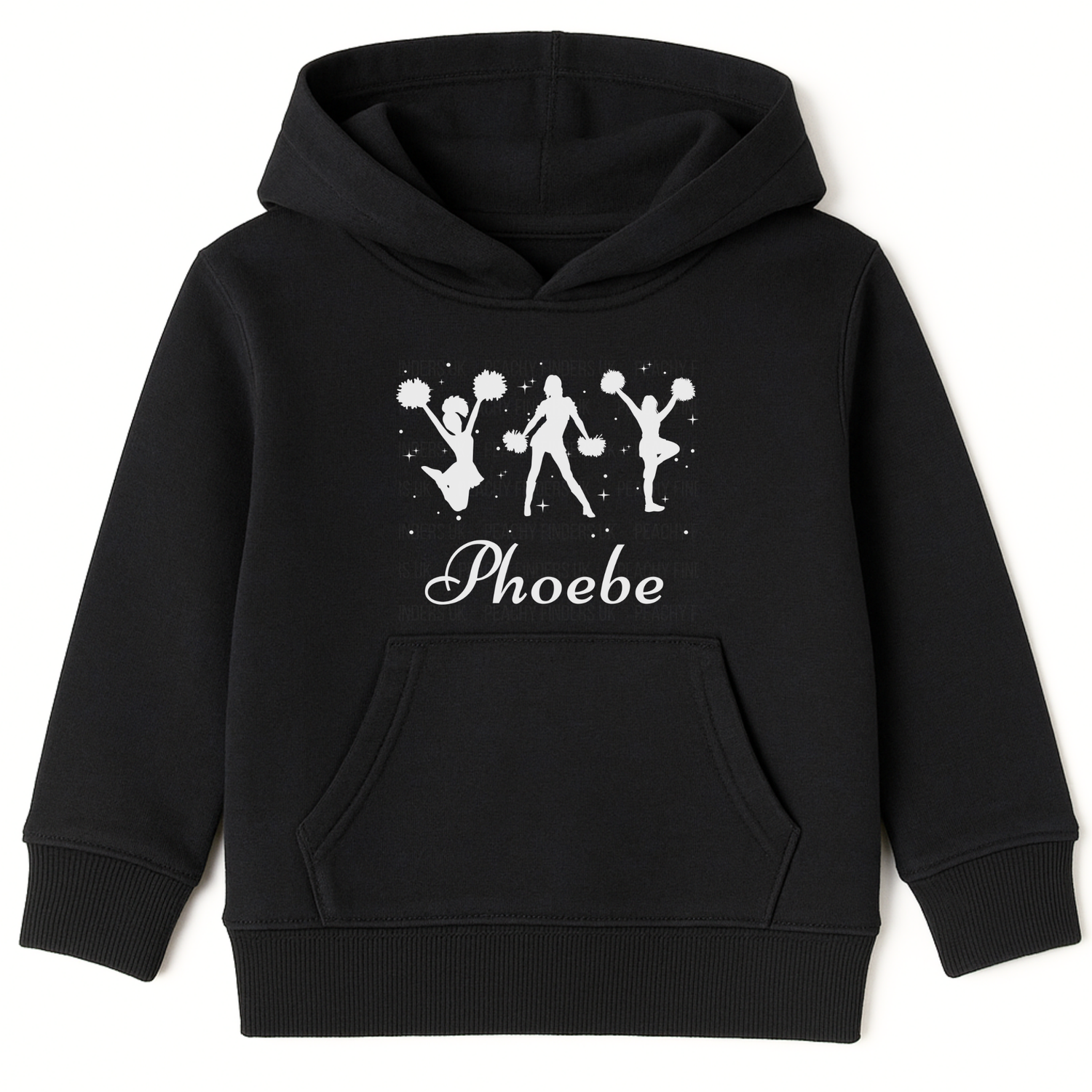 Girls cheerleading hoodie in black featuring three white pom-pom cheerleader silhouettes and the name ‘Phoebe’ across the chest.