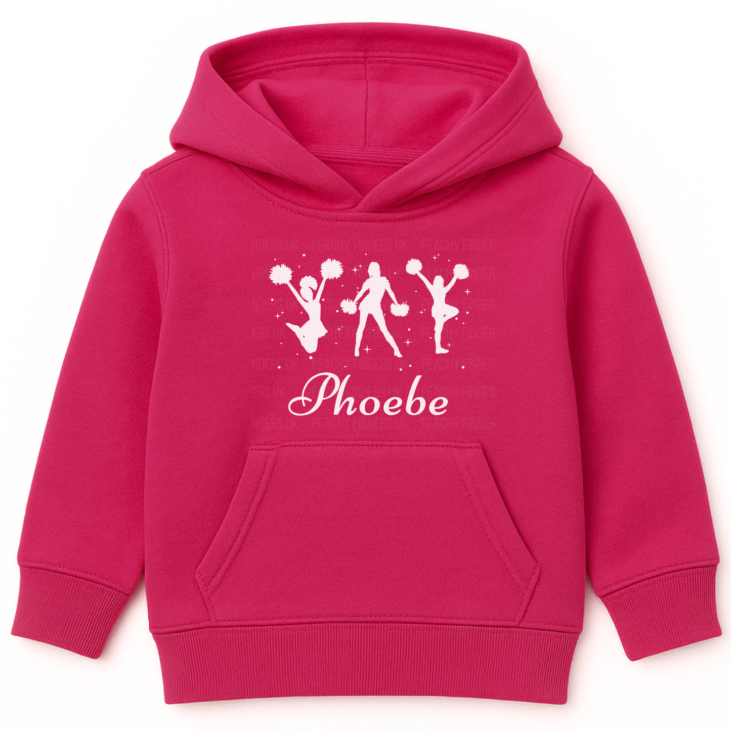 Hot pink personalised cheerleader hoodie for girls with three white cheerleader silhouettes and name text above the front pocket.