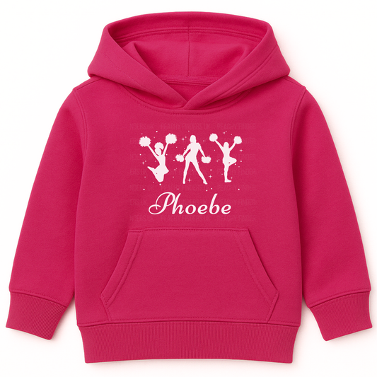 Hot pink personalised cheerleader hoodie for girls with three white cheerleader silhouettes and name text above the front pocket.
