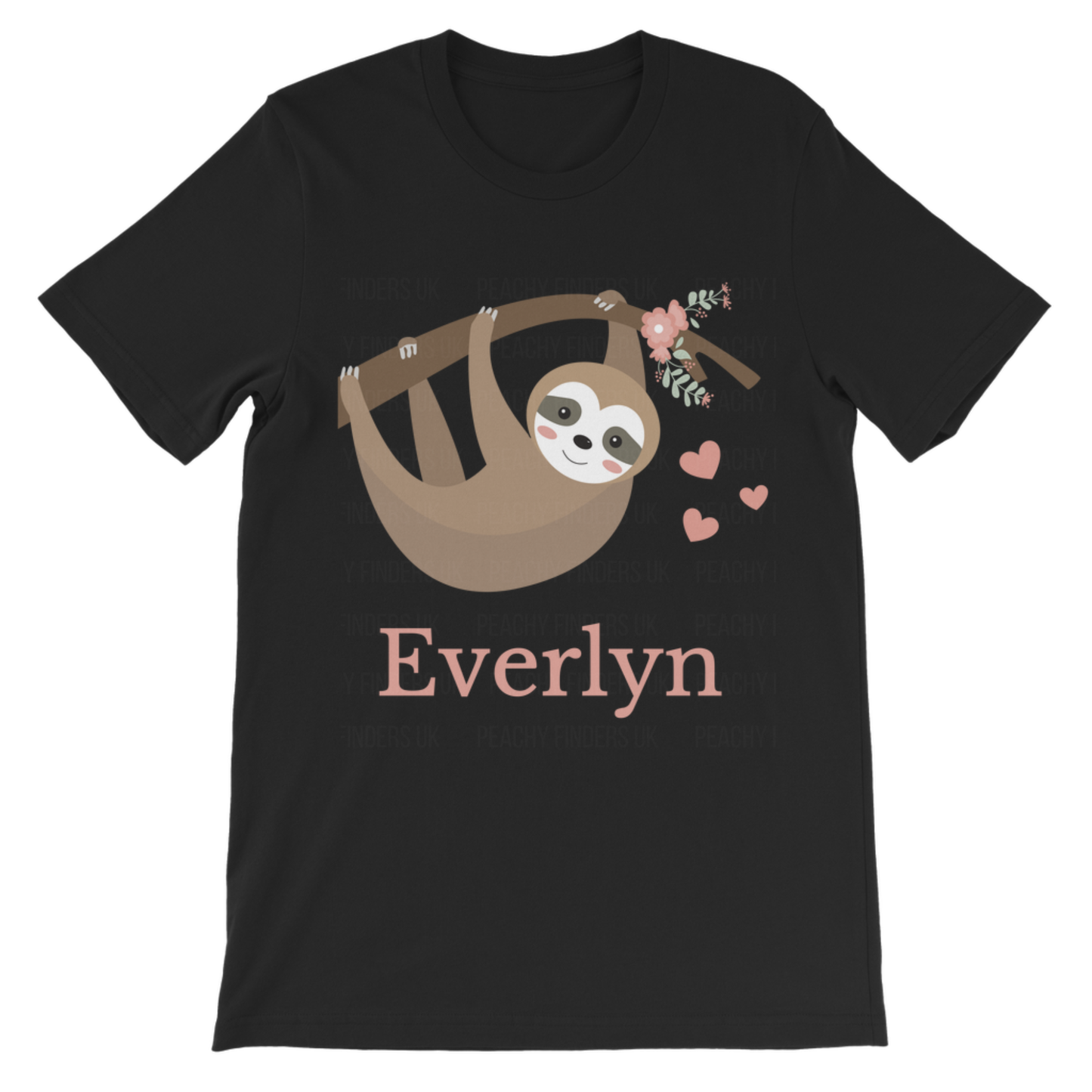 Black T-shirt for girls with a cute hanging sloth, pink hearts and floral branch design, and the name “Everlyn” printed in peach text below the illustration.