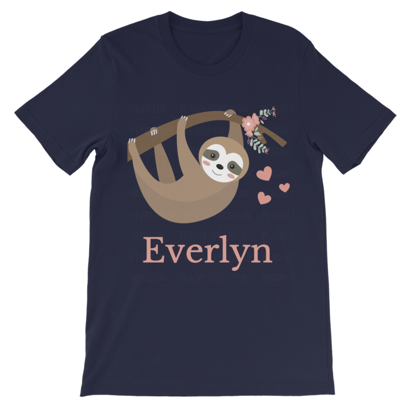 Navy girls T-shirt featuring a hanging sloth with flowers and pink hearts, with the name “Everlyn” printed in peach lettering underneath.