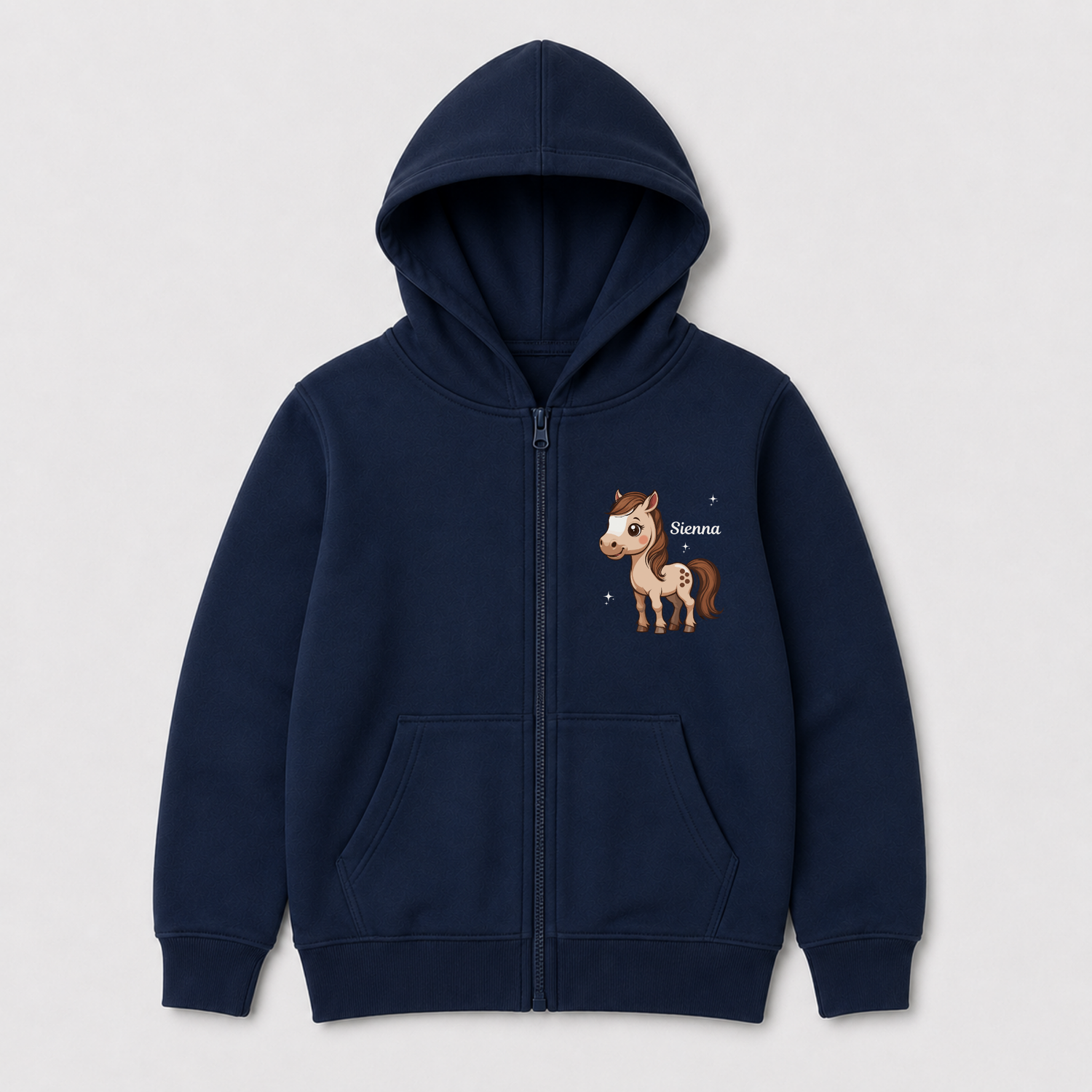 A kids navy blue zip-up hoodie with a front pockets and a cartoon horse graphic on the left chest, displayed against a light grey background.