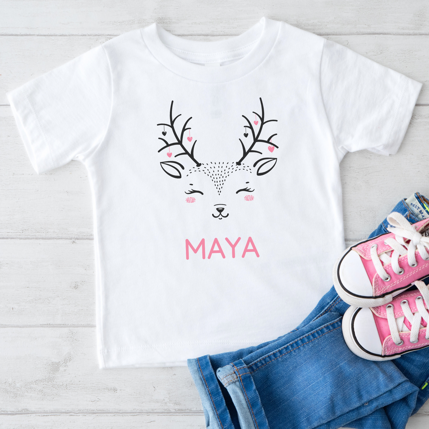 Girls Personalised Cute Reindeer T-shirt | 3 - 13 years