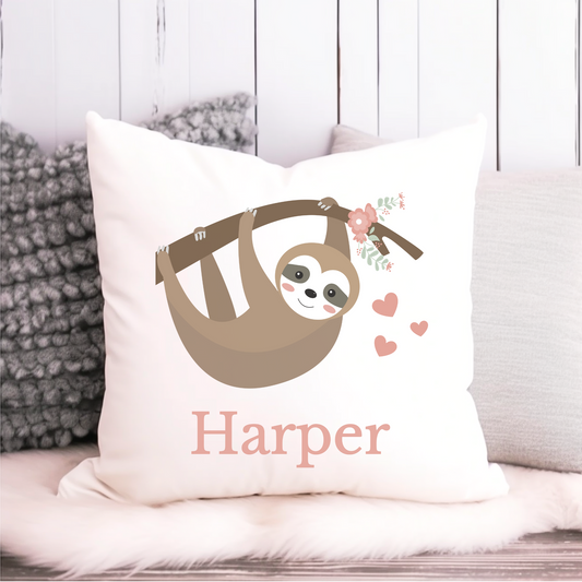 Personalised Sloth Cushion Cover - Girls Nursery or Bedroom Decor (40x40cm)