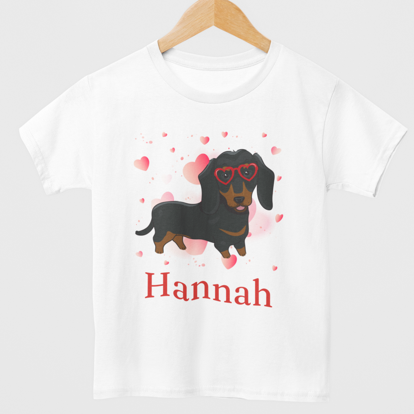 Girls Personalised Dachshund Heart Glasses T-Shirt (3-13 Yrs)