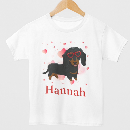 Girls Personalised Dachshund Heart Glasses T-Shirt (3-13 Yrs)