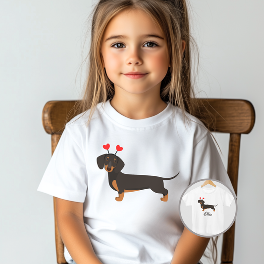 Kids Sausage Dog with Hearts T-shirt | 3 - 13 years