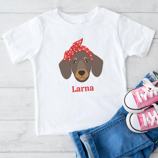 Girls Personalised Cute Dachshund Red Bandana T-shirt | 3 - 13 years