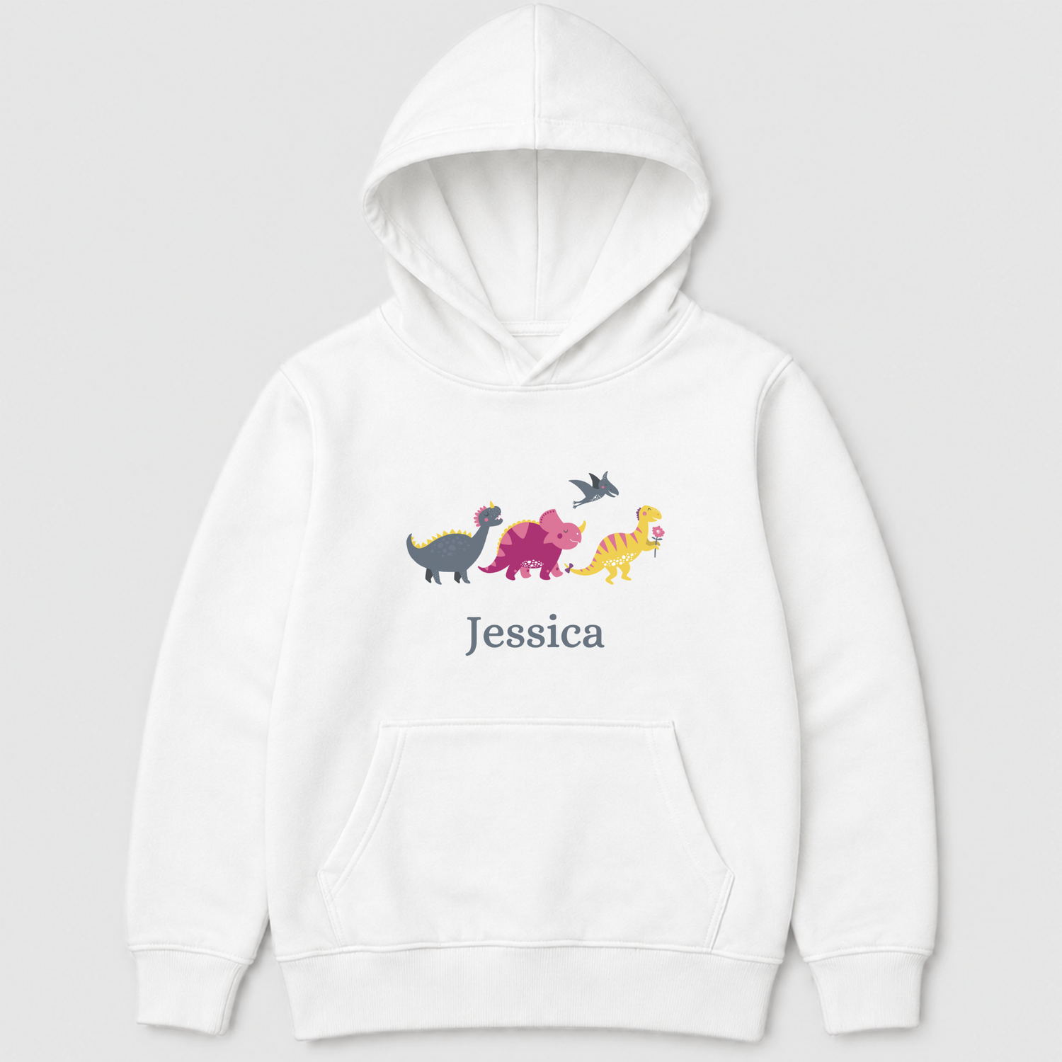 Kids white personalised girls hoodie featuring a colourful line-up of dinosaurs in pink, yellow and charcoal with the name Jessica printed underneath.