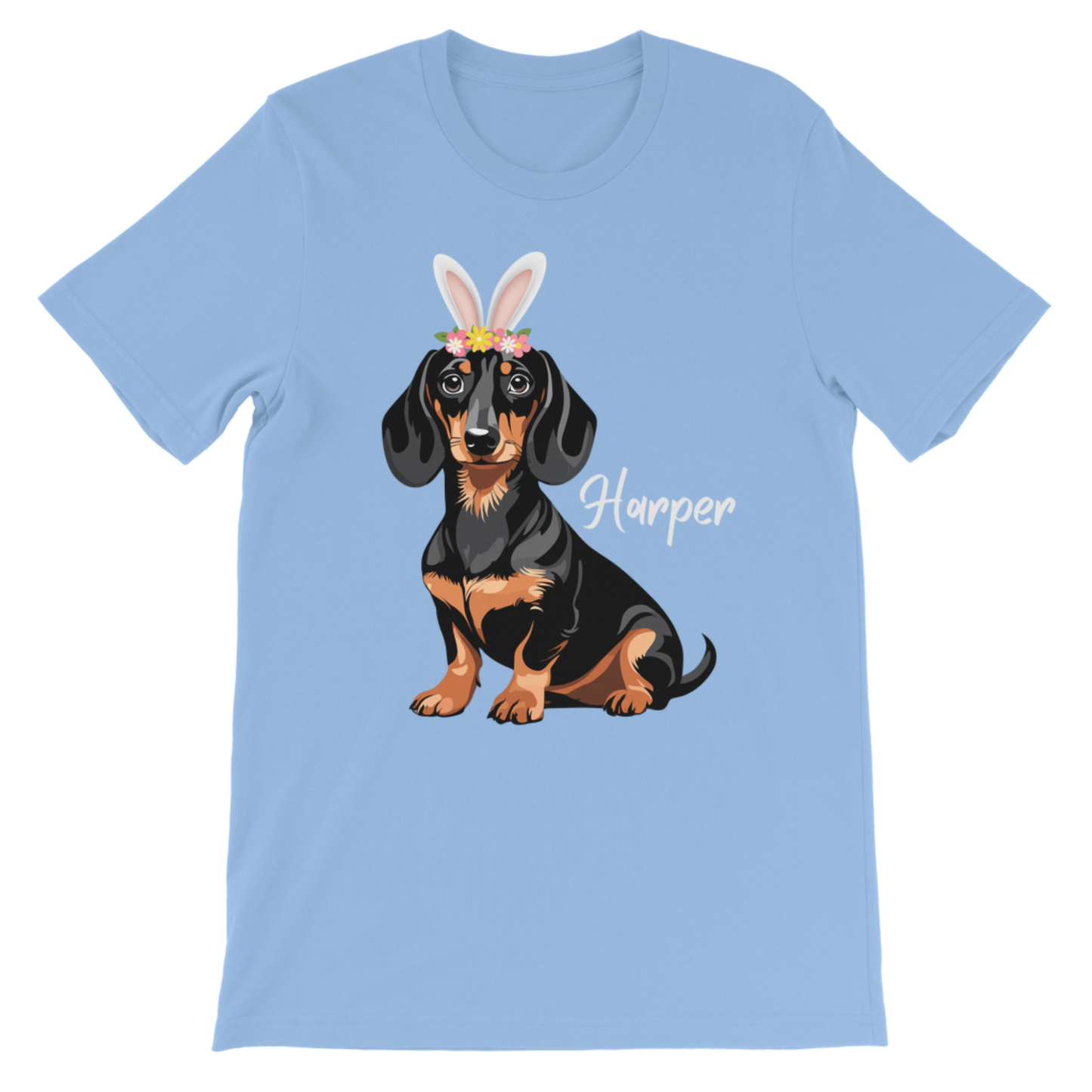 Light blue personalised Easter dachshund t-shirt with bunny ears and floral crown, name Harper