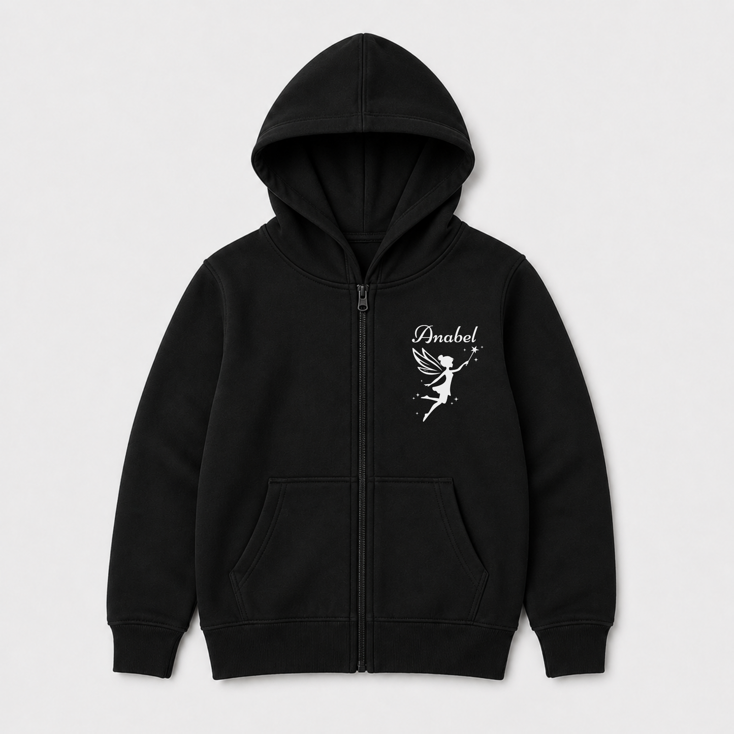 Girls’ personalised zip-up hoodie in black with the name Anabel above a white winged fairy and sparkling wand design.