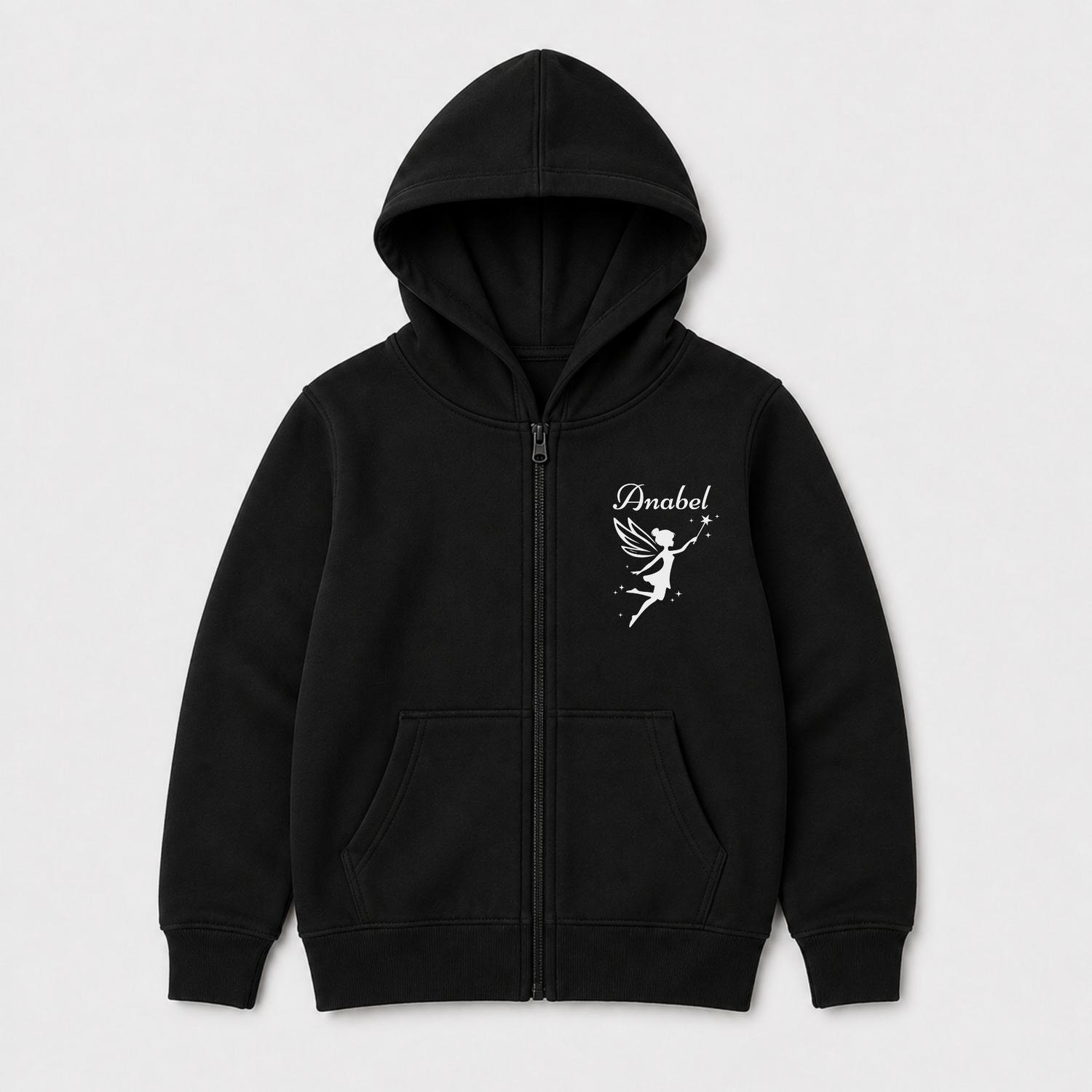 Girls’ personalised zip-up hoodie in black with the name Anabel above a white winged fairy and sparkling wand design.