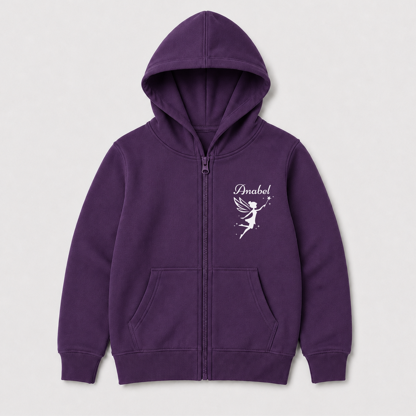 Purple girls’ personalised zip hoodie featuring a white fairy, scattered stars and the name Anabel on the chest.