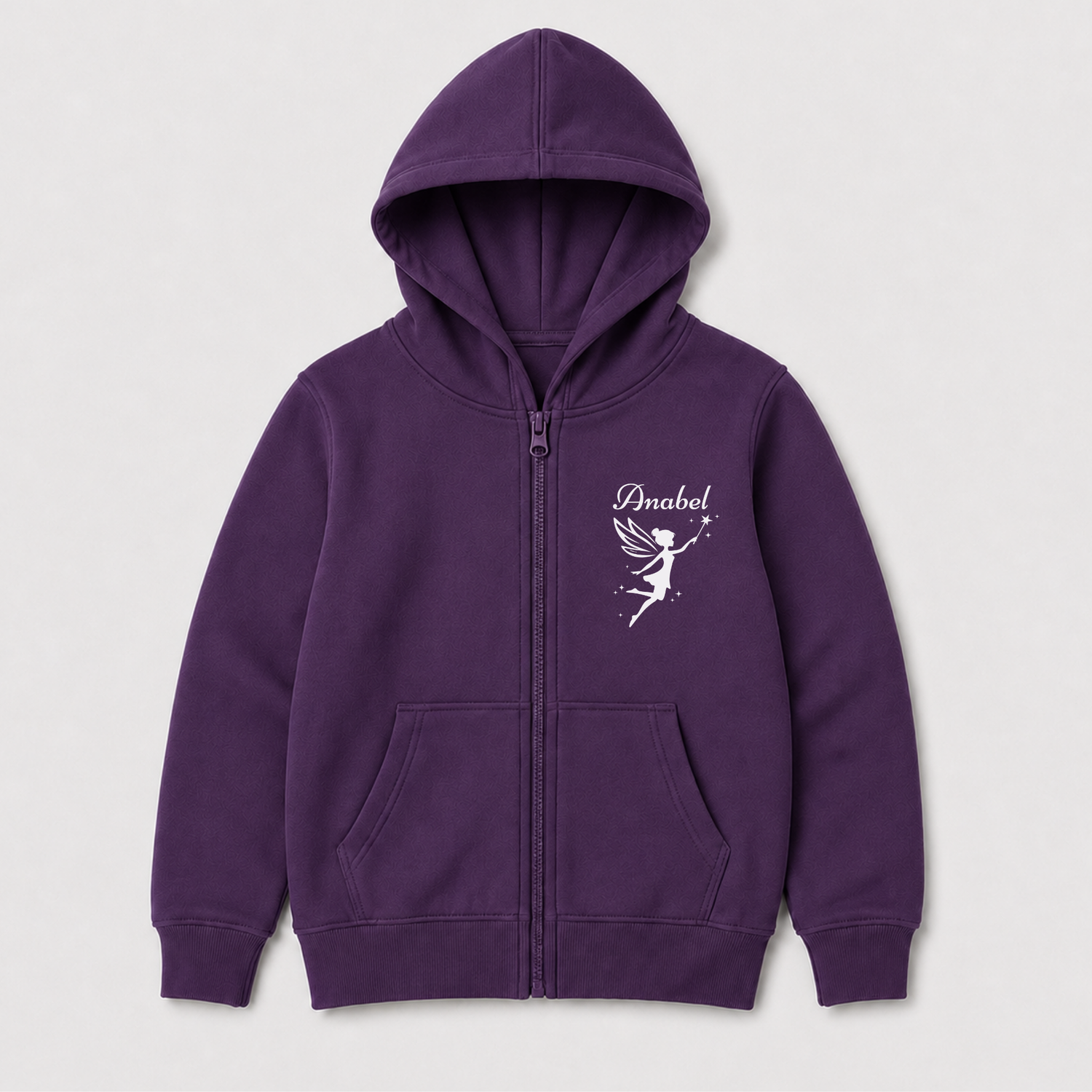 Purple girls’ personalised zip hoodie featuring a white fairy, scattered stars and the name Anabel on the chest.