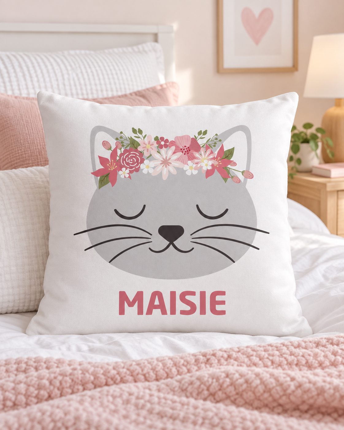 Personalised floral cat cushion cover with the name Maisie displayed on a little girl’s bed