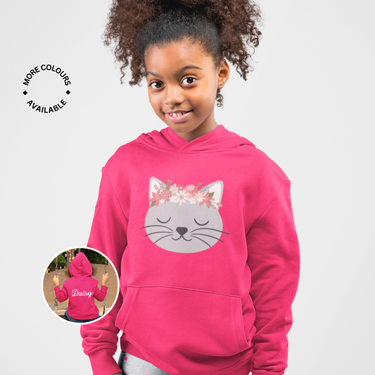 Girls Personalised Floral Cat Pullover Hoodie | 3 - 13 years