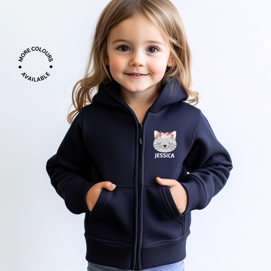 Girls Personalised Floral Cat Zip Hoodie | 3 - 13 years