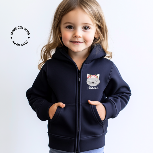 Girls Personalised Floral Cat Zip Hoodie - (Ages 3-13 Yrs)