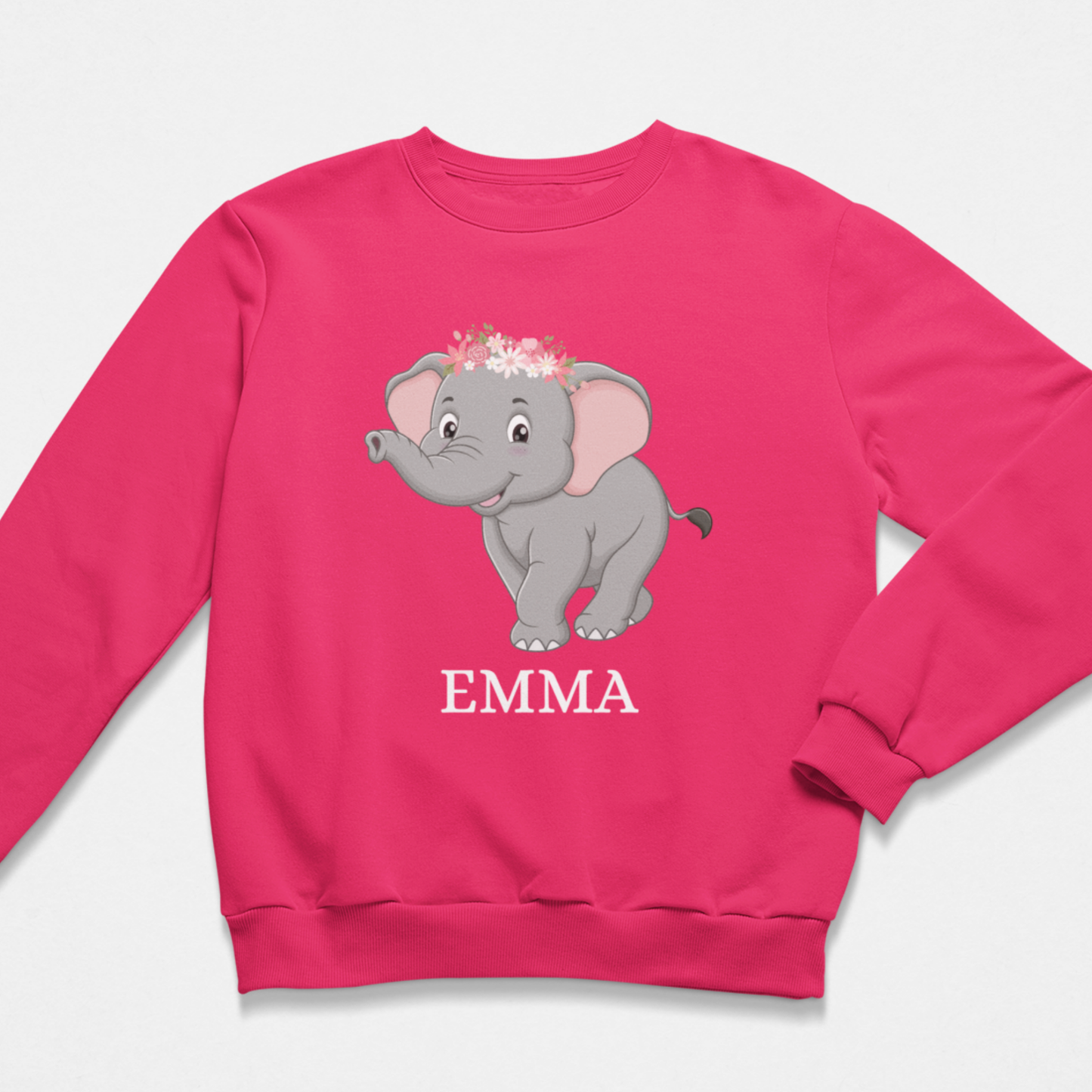 Hot pink personalised girls elephant jumper with floral crown print and Emma name