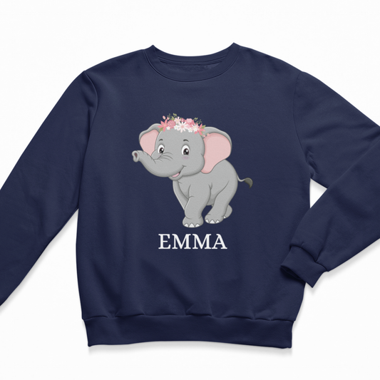 Navy personalised kids sweatshirt featuring cute elephant design and white Emma name